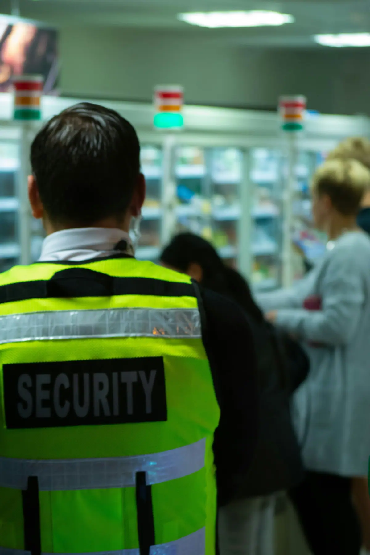 A security officer in a high-visibility vest standing among shoppers in a store.